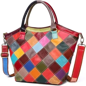 Women Multicolor Shoulder Handbag Leather Purse Random Square Splicing Satchels
