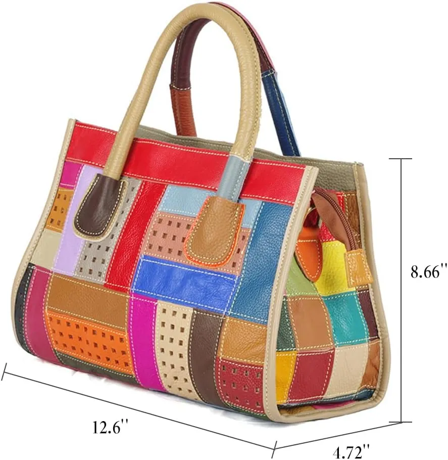 Women Retro Leather Handbag Multicolor Cowhide Shoulder Purse Splicing Satchels
