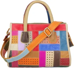 Women Retro Leather Handbag Multicolor Cowhide Shoulder Purse Splicing Satchels