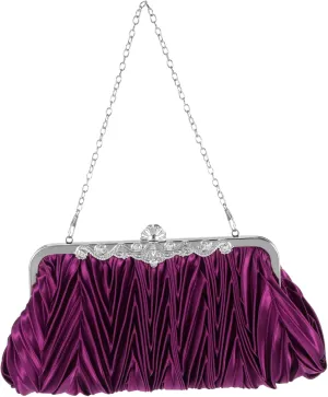 Women Satin Pleated Evening Clutch Handbag Purple Cocktail Purse for Weddings Parties and Formal Events with Detachable Chain Strap