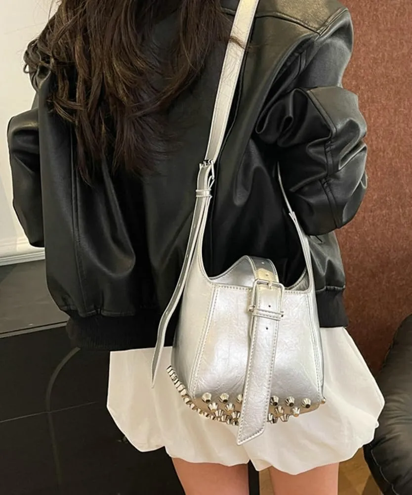 Women Trendy Bucket Shoulder Purse Vegan Leather Y2k Small Tote Crossbody Bag Rivet Handbags Satchels 2025