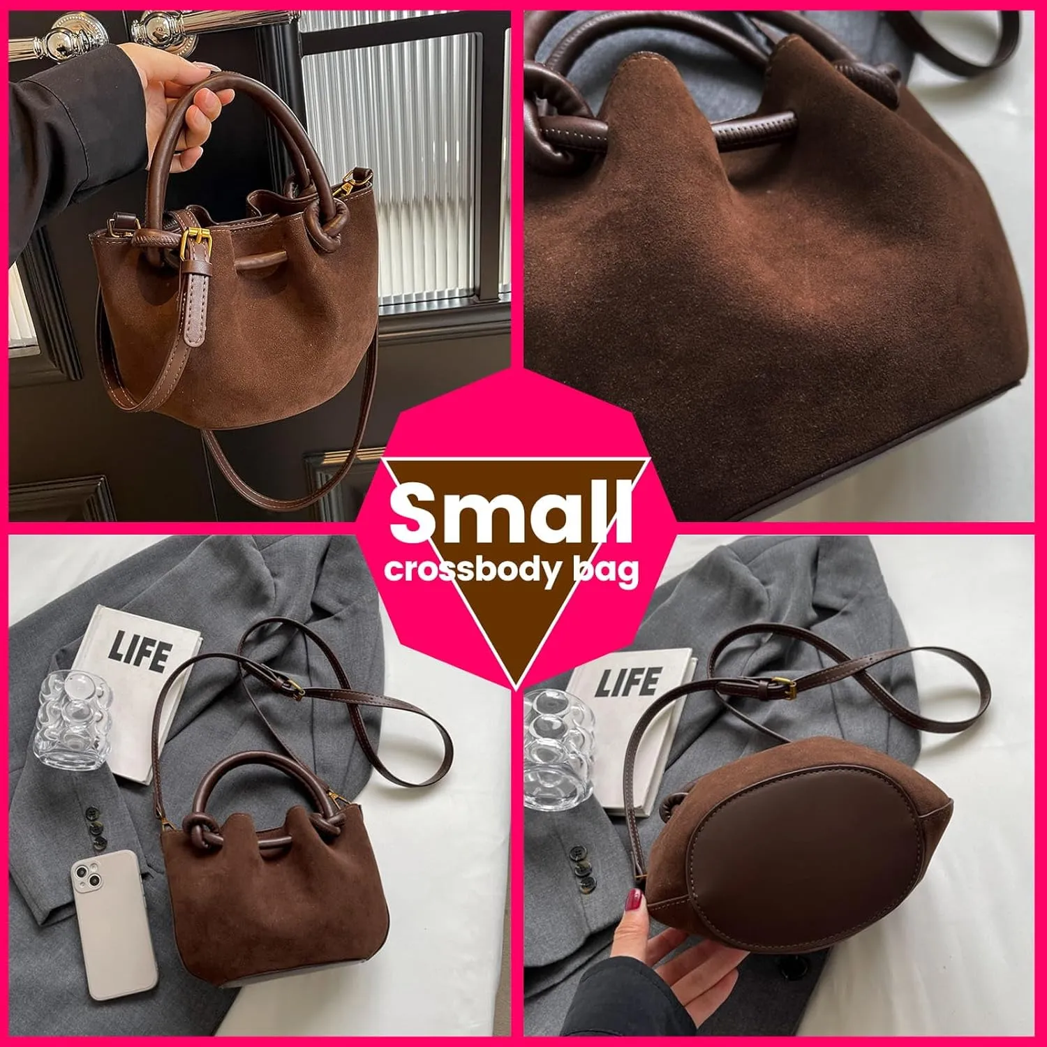 Women's Brown Suede Crossbody Bag,Small Crossbody Bag Shoulder Bag for Women,Small Purse Suede Bag Handbags,Small Bucket bag