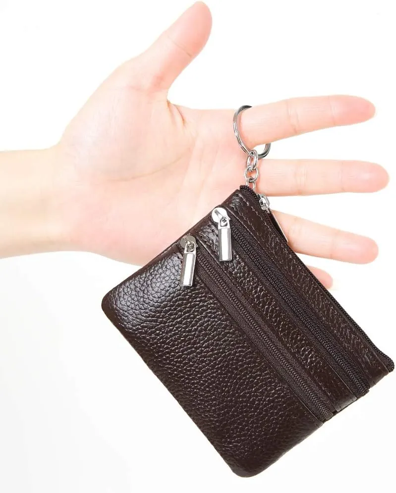 Women's Genuine Leather Coin Purse Mini Pouch Change Wallet with Keychain