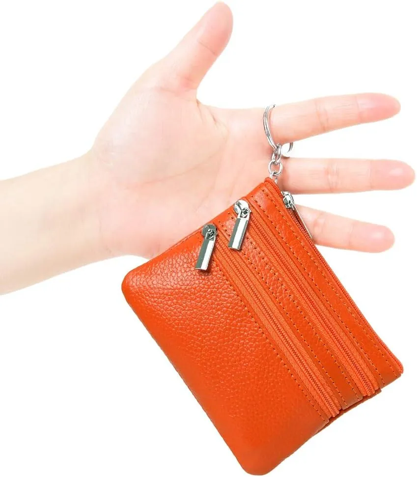 Women's Genuine Leather Coin Purse Mini Pouch Change Wallet with Keychain