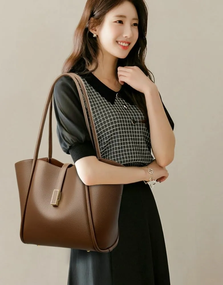 Womens Large Tote Bag Minimalist Vegan Leather Shoulder Purse Work Handbags Satchels 2pcs for Travel Office