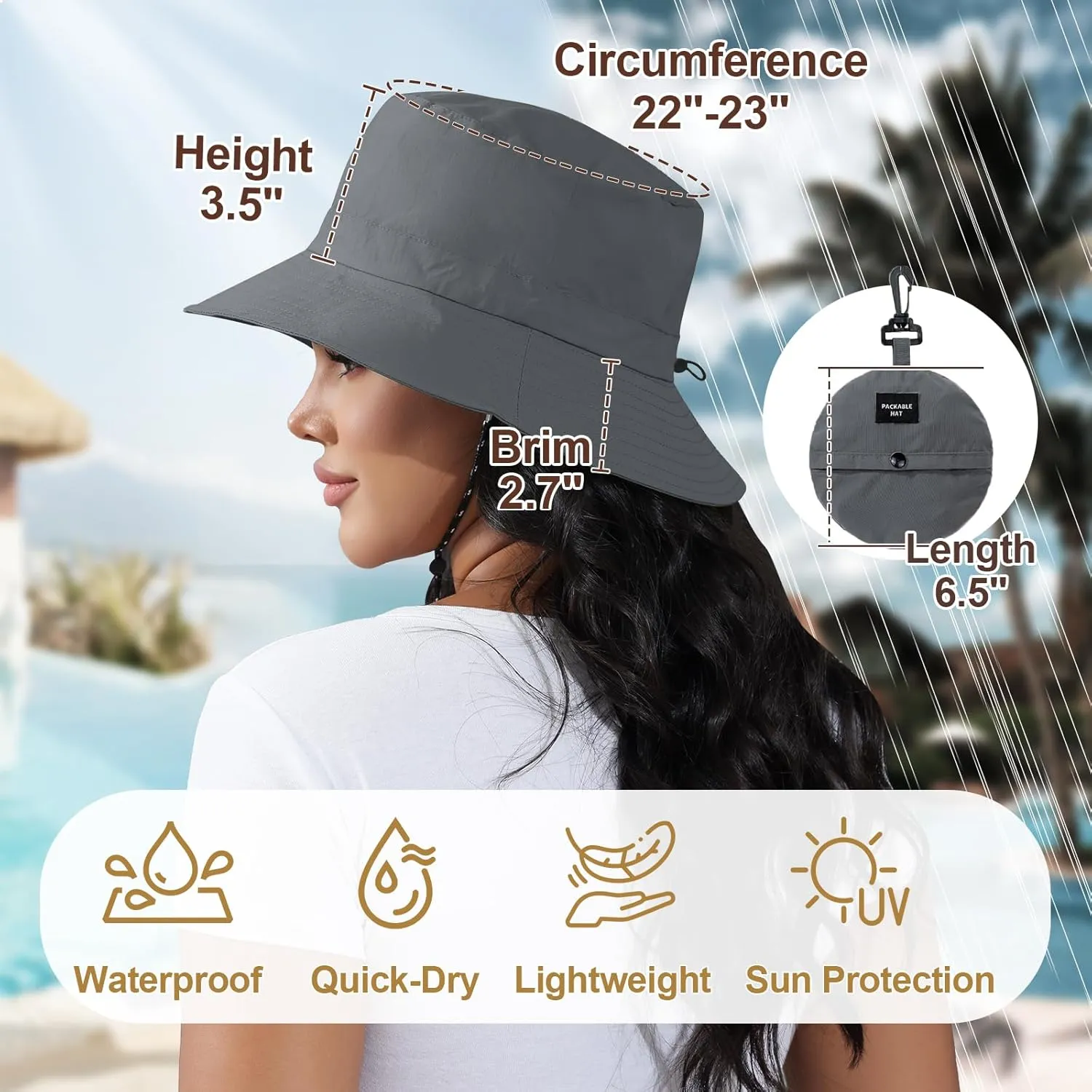 Womens Packable Waterproof Bucket Hat Men UV Protection Sun Hat