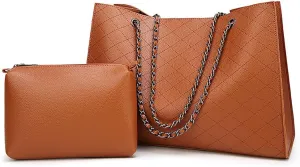 Womens Trendy Vegan Leather Shoulder Bag Large Chain Tote Purses Ladies Commuting Handbags Satchels 2pcs