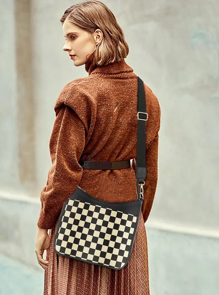 Womens Vintage Vegan Leather Crossbody Shoulder Bag Small Checkered Tote Purse Handbags Messenger Bag Satchels