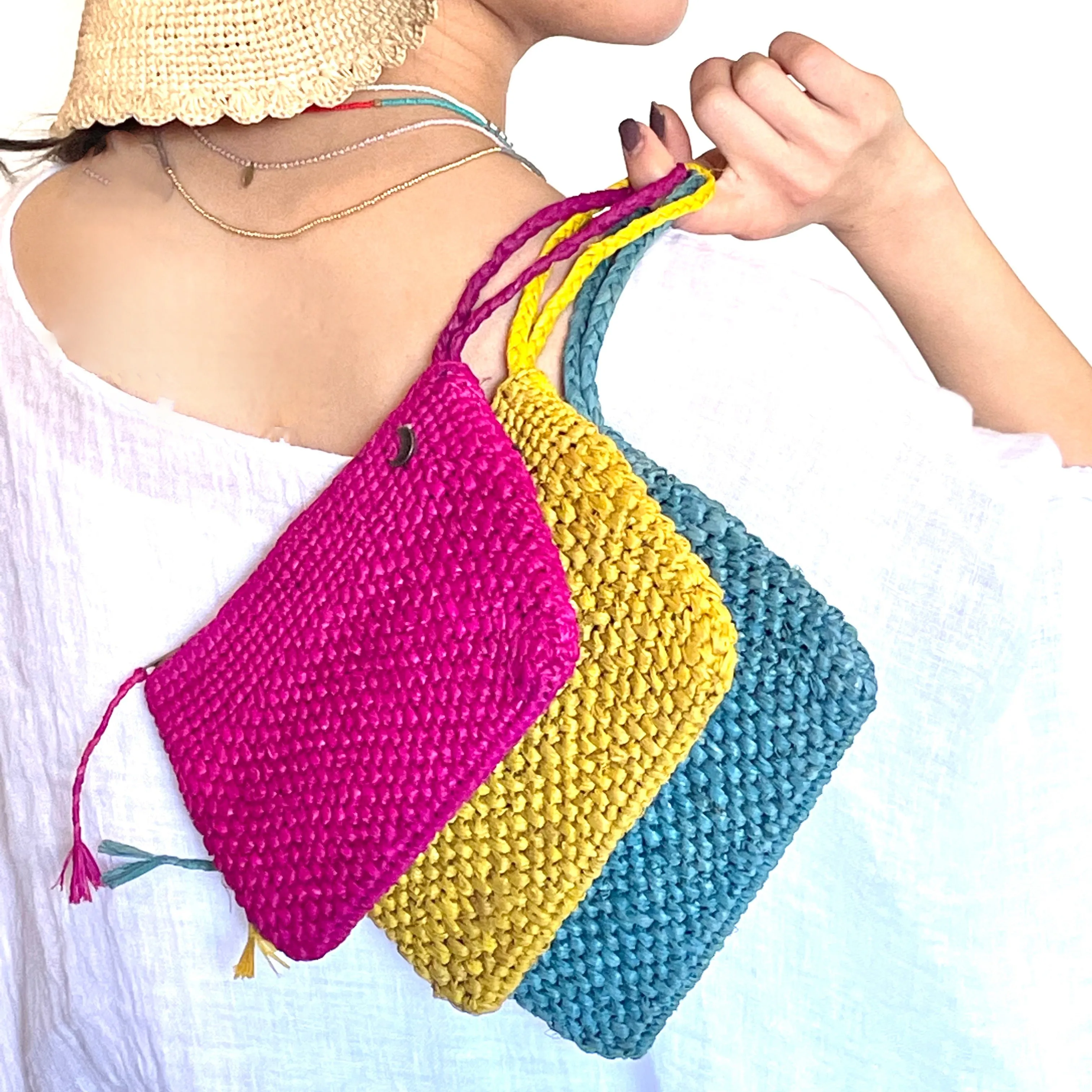 Woven Raffia Clutch with Wrist Strap