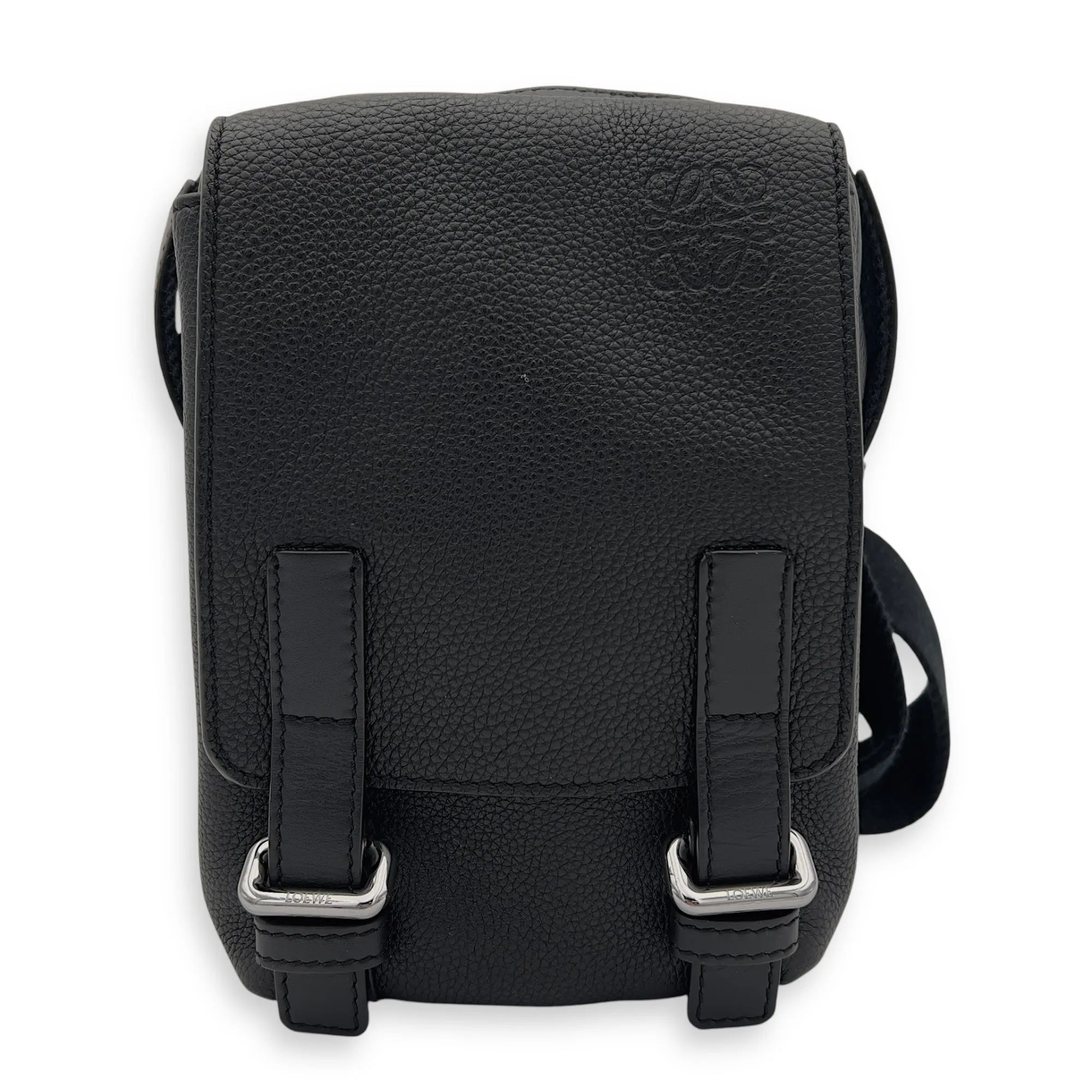 XS Military Black Crossbody Bag in Calfskin, Silver hardware