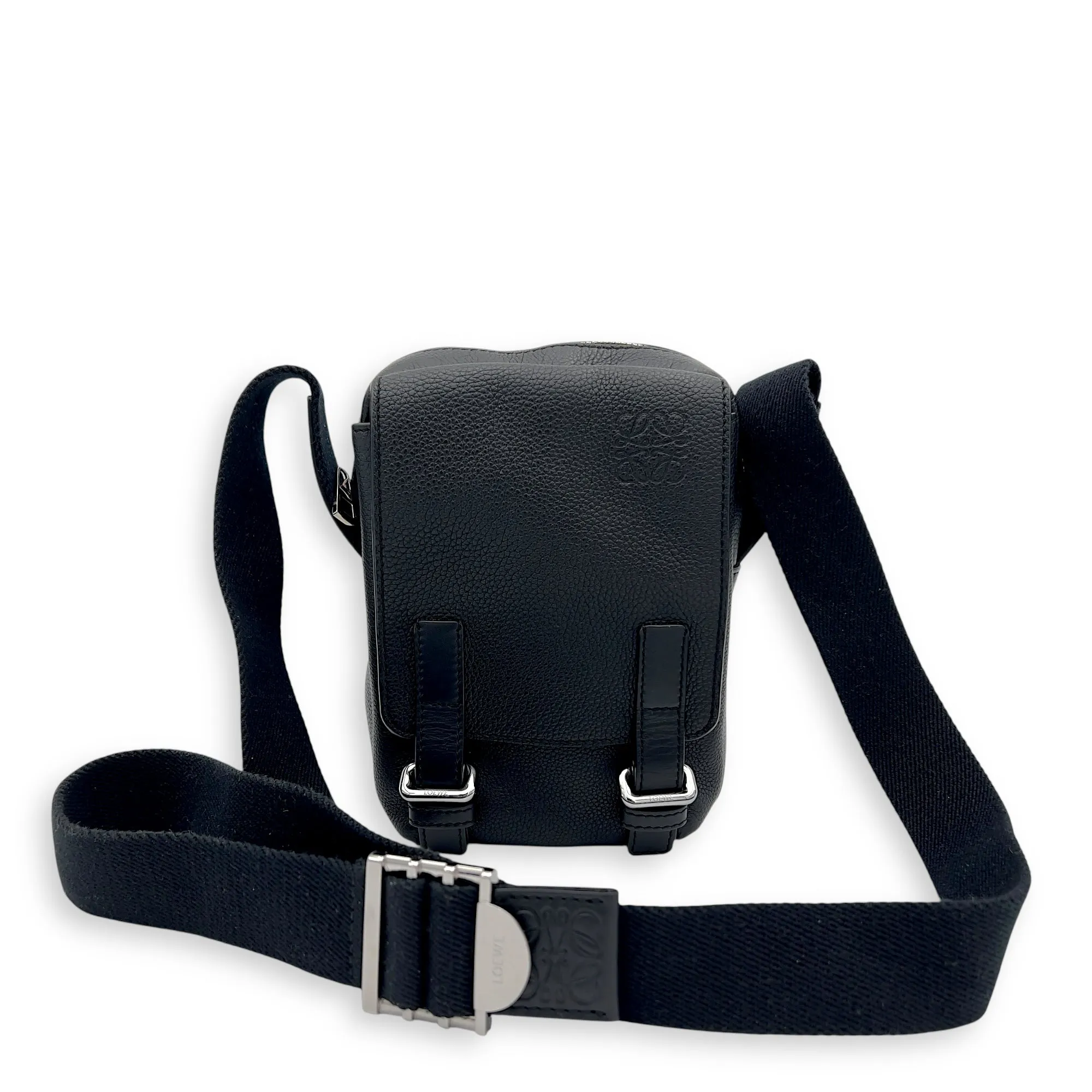 XS Military Black Crossbody Bag in Calfskin, Silver hardware
